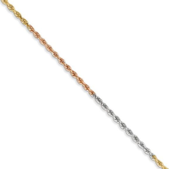1.5mm 14k Tri-Color Gold Diamond Cut Solid Rope Chain Necklace 24 In.